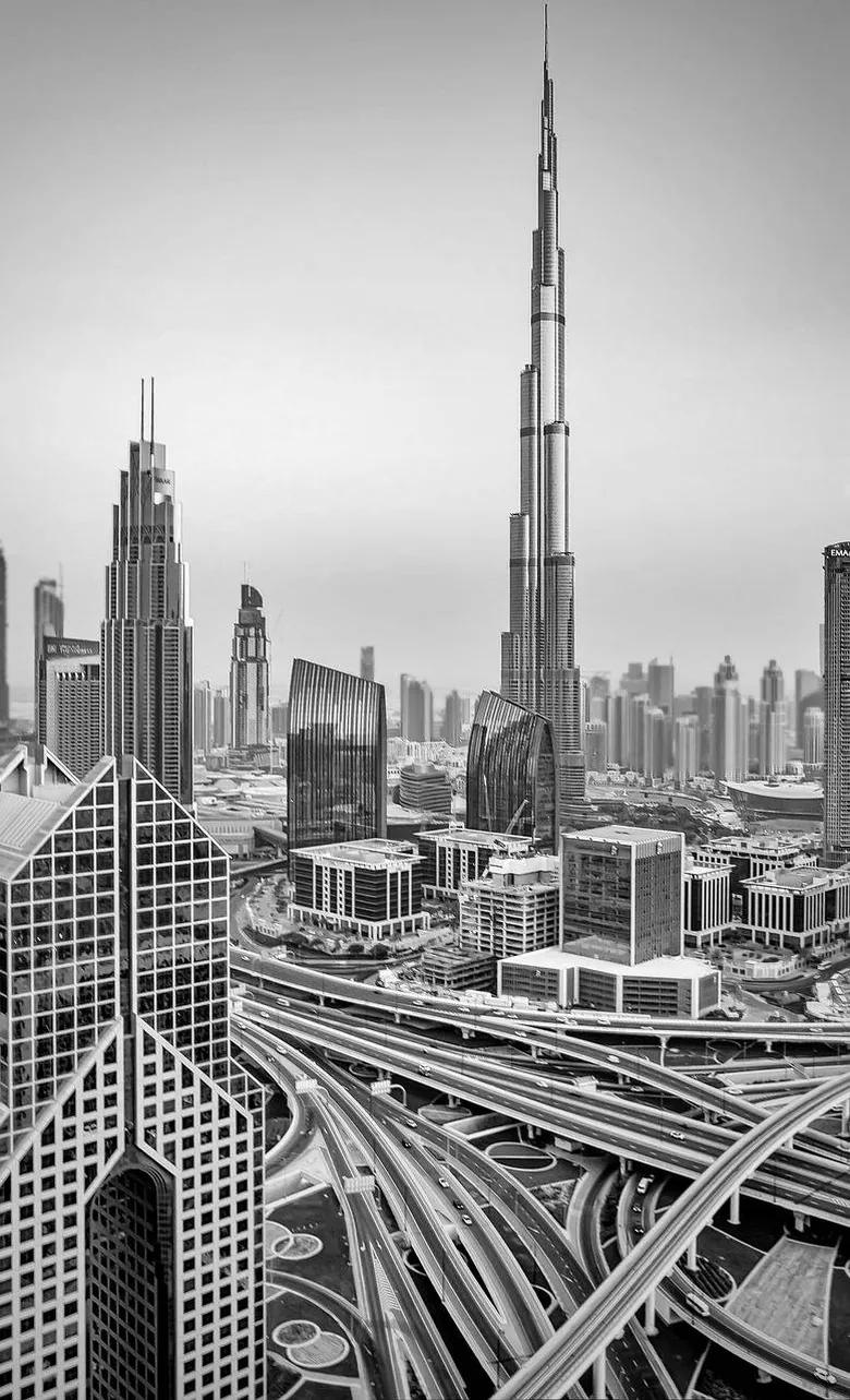 Burj Khalifa rising above Downtown Dubai and the Sheikh Zayed Road interchange